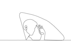 man sitting and waving from car window from passenger seat - one line drawing vector. concept celebrity waves to fans leaving the event, the tourist leaves and says goodbye to the city or country vector