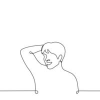 man stands laughing and scratching his head - one line drawing vector. concept when a person finally understands a difficult joke vector