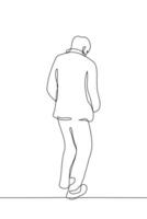 man in an overcoat walking with his head down and his hands in his pockets with his back to the viewer - one line vector drawing. the concept of a sad walk alone