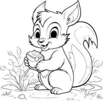 Cute Squirrel Eating Coloring Pages Drawing For Kids vector