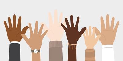 plano vector ilustración de personas con diferente piel colores levantamiento su manos. unidad concepto.