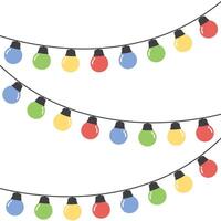 Set of seamless festive colorful Christmas string light border. Flat vector illustration.