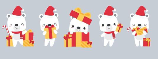 Set of cute polar bear cartoon characters in festive Christmas holiday season concept. Flat vector illustration.