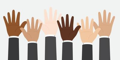 Flat vector illustration of people with different skin colors raising their hands. Unity concept.