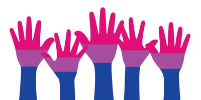 Silhouette of pink, purple, and blue colored hands as the colors of the bisexual flag. Flat vector illustration.