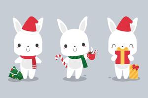 Set of cute white bunny rabbit cartoon characters in festive Christmas holiday season concept. Flat vector illustration.