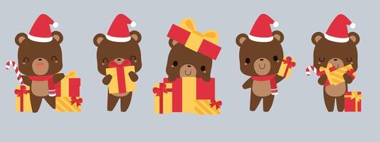 Set of cute brown bear cartoon characters in festive Christmas holiday season concept. Flat vector illustration.