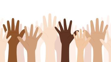 plano vector ilustración de personas con diferente piel colores levantamiento su manos. unidad concepto.