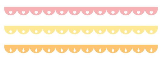 Cute scalloped edge, with dots, heart shape and drop shape decoration, seamless upper border set. vector