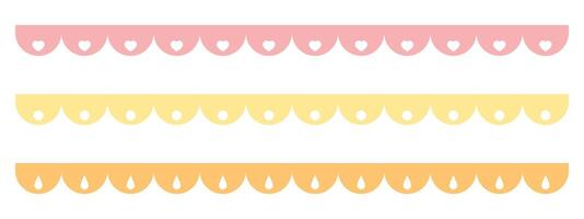 Cute scalloped edge, with dots, heart shape and drop shape decoration, seamless upper border set. vector