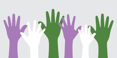 silueta de púrpura, blanco, y verde de colores manos como el colores de el género queer bandera. plano diseño ilustración. vector