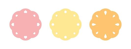 Cute scalloped round label set with dots, heart shape and drop shape decoration. vector