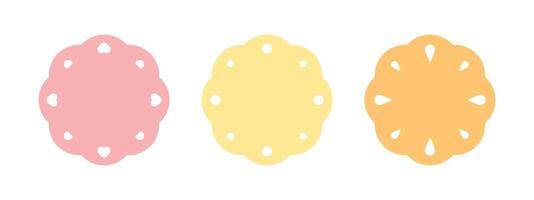 Cute scalloped round label set with dots, heart shape and drop shape decoration. vector