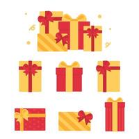 Set of cute red and yellow gift boxes. Flat vector illustration.