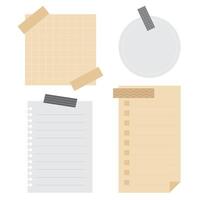 Set of neutral paper sticky notes with decoration tapes. Flat vector illustration.