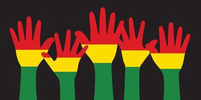 Silhouette of red, yellow and green colored hands as the colors of the Black History Month flag. Flat vector illustration.