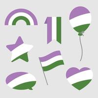 Purple, white, and green colored heart, star, balloon, speech bubble icons, as the colors of the genderqueer flag. LGBTQI concept. Flat vector illustration.