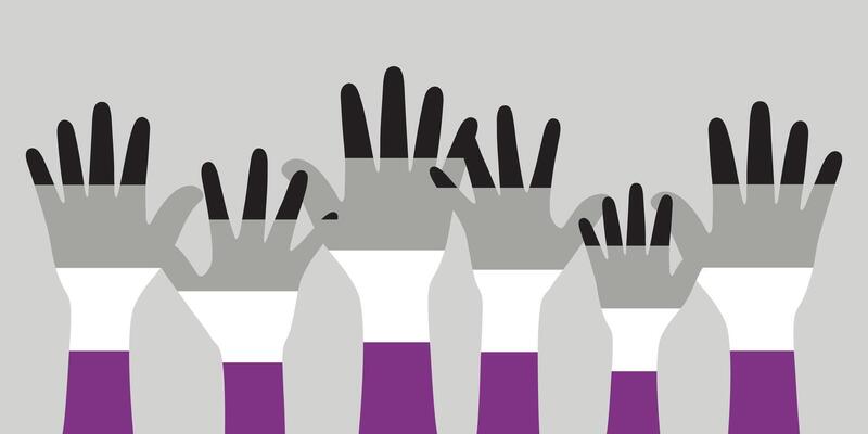 Silhouette of black, grey, white and purple colored hands as the colors of the asexual flag. Flat design illustration.