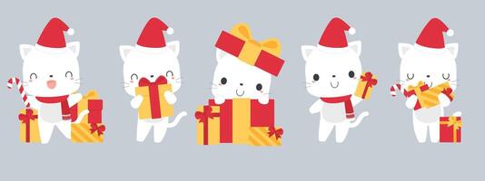 Set of cute white cat cartoon characters in festive Christmas holiday season concept. Flat vector illustration.