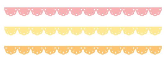 Cute scalloped edge with dots, heart shape and drop shape decoration, seamless upper border set. vector