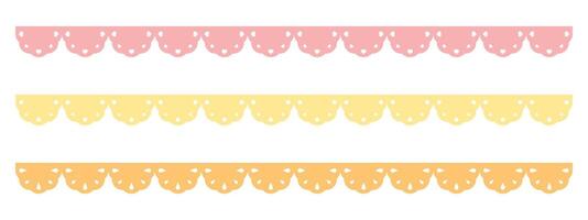 Cute scalloped edge with dots, heart shape and drop shape decoration, seamless upper border set. vector