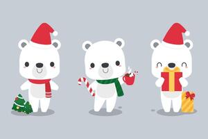 Set of cute polar bear cartoon characters in festive Christmas holiday season concept. Flat vector illustration.