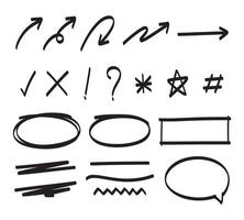 Icon set of hand drawn arrow, check mark, cross mark, underline, speech bubble symbols. Doodle vector illustration.