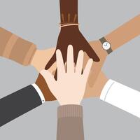 Flat vector illustration of people with different skin colors putting their hands together. Unity concept.