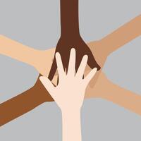 Flat vector illustration of people with different skin colors putting their hands together. Unity concept.