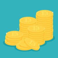 Stack of gold bitcoin coins. Cryptocurrency, digital currency, business and finance concept. Flat design vector illustration.
