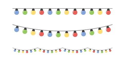 Set of seamless festive colorful Christmas string light border. Flat vector illustration.