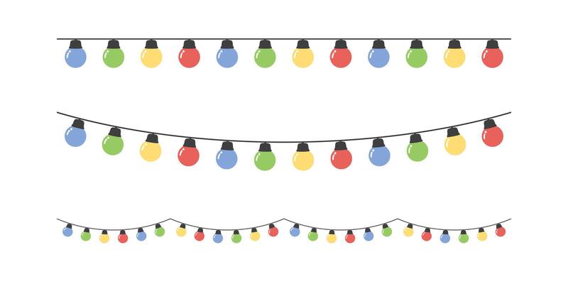 Set of seamless festive colorful Christmas string light border. Flat vector illustration.