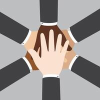 Flat vector illustration of people with different skin colors putting their hands together. Unity concept.