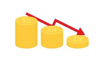 Stack of gold bitcoin coins with red downward arrow. Cryptocurrency, digital currency, business and finance concept. Flat design vector illustration.