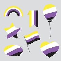 Yellow, white, purple and black colored speech bubble, star, heart, balloon, flag and rainbow icons, as the colors of the non-binary flag. LGBTQI concept. Flat vector illustration.