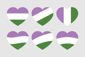 Purple, white, and green colored heart icons, as the colors of the genderqueer flag. LGBTQI concept. Flat vector illustration.