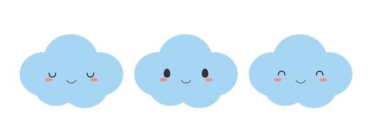 Set of cute blue cloud icons. Flat vector illustration.