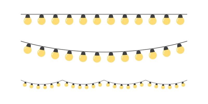 Set of seamless festive yellow Christmas string light border. Flat vector illustration.