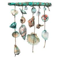 watercolor illustration of a garland of various seashells on a stick. A lot of shells for interior decoration, the beach. For the decoration and design of postcards, posters, clothing, home decor vector