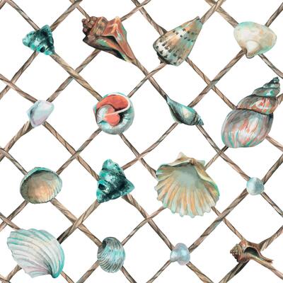 Seashells are hung on a fishing net made of ropes. Hand drawn watercolor illustration. Seamless marine, beach, summer pattern for decoration and design of textiles, clothing, accessories