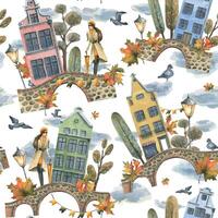 Ancient European houses are colorful, with autumn trees and leaves, stone bridges and lanterns, with a girl in a raincoat with an umbrella. Hand drawn watercolor illustration. Seamless pattern. vector