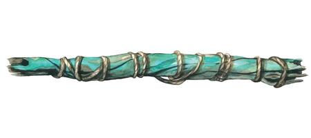 Watercolor illustration of a stick of a tree, a branch painted in turquoise color. Textured, wrapped with twine. For hanging elements, garlands, interior decoration, composition design. vector