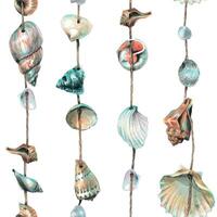 varios conchas marinas son redondo, espiral, suspendido en cuerdas marina guirnaldas para decoración. mano dibujado acuarela ilustración. sin costura modelo en un blanco antecedentes vector