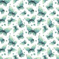 delicado turquesa y azul mariposas con burbujas son aireado, luz, hermosa. mano dibujado acuarela ilustración. sin costura modelo en un blanco antecedentes para tela, textiles, fondo de pantalla, embalaje vector