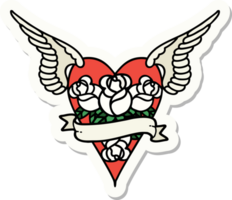 sticker of tattoo in traditional style of a flying heart with flowers and banner png