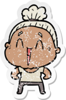 distressed sticker of a cartoon happy old lady png