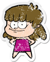 distressed sticker of a cartoon smiling woman png