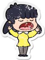 distressed sticker of a cartoon woman talking loudly png