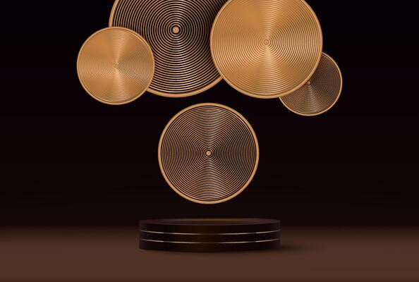 3D background. Black cylinder pedestal podium with radial golden wall scene. Platforms mockup product display presentation. Abstract composition minimal design. Stage showcase.