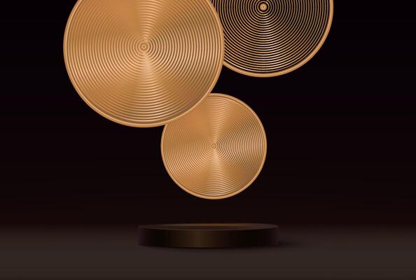 3D background. Black cylinder pedestal podium with radial golden wall scene. Platforms mockup product display presentation. Abstract composition minimal design. Stage showcase.